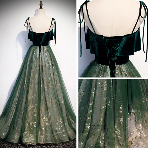 Chic / Beautiful Dark Green Suede Prom Dresses 2020 A-Line / Princess Spaghetti Straps Sleeveless Glitter Tulle Floor-Length / Long Ruffle Backless Formal Dresses