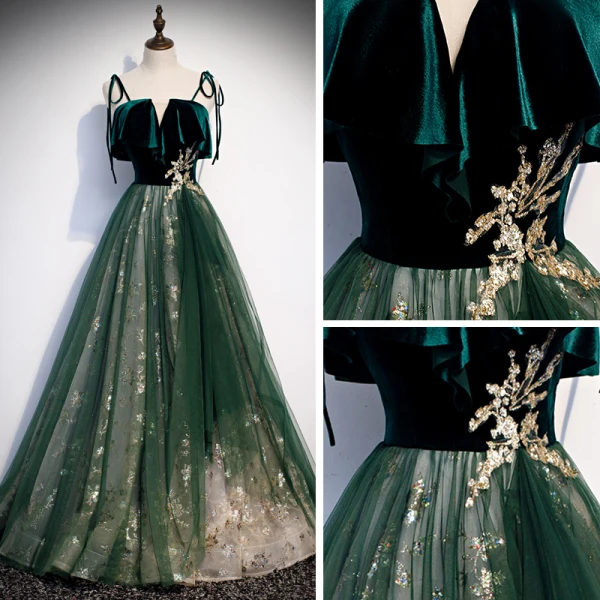 Chic / Beautiful Dark Green Suede Prom Dresses 2020 A-Line / Princess Spaghetti Straps Sleeveless Glitter Tulle Floor-Length / Long Ruffle Backless Formal Dresses