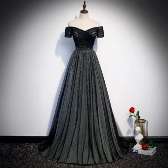 Mode Noire Robe De Soirée 2020 Princesse De L 039 Épaule Manches Courtes Paillettes Perlage Train De Balayage Volants Dos Nu Robe De Ceremonie
