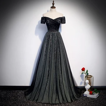 Mode Noire Robe De Soirée 2020 Princesse De L 039 Épaule Manches Courtes Paillettes Perlage Train De Balayage Volants Dos Nu Robe De Ceremonie