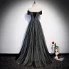 Fashion Black Evening Dresses  2020 A-Line / Princess Off-The-Shoulder Short Sleeve Sequins Beading Sweep Train Ruffle Backless Formal Dresses