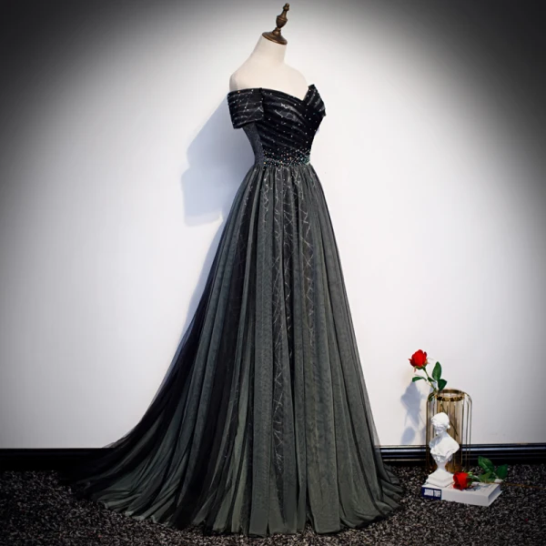 Mode Noire Robe De Soirée 2020 Princesse De l'épaule Manches Courtes Paillettes Perlage Train De Balayage Volants Dos Nu Robe De Ceremonie
