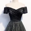 Fashion Black Evening Dresses  2020 A-Line / Princess Off-The-Shoulder Short Sleeve Sequins Beading Sweep Train Ruffle Backless Formal Dresses