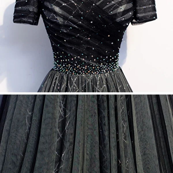 Mode Noire Robe De Soirée 2020 Princesse De l'épaule Manches Courtes Paillettes Perlage Train De Balayage Volants Dos Nu Robe De Ceremonie