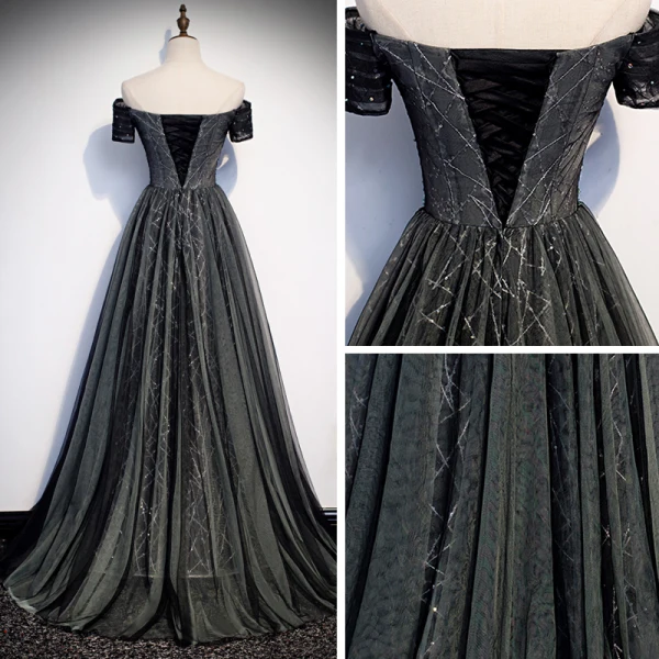 Mode Noire Robe De Soirée 2020 Princesse De l'épaule Manches Courtes Paillettes Perlage Train De Balayage Volants Dos Nu Robe De Ceremonie