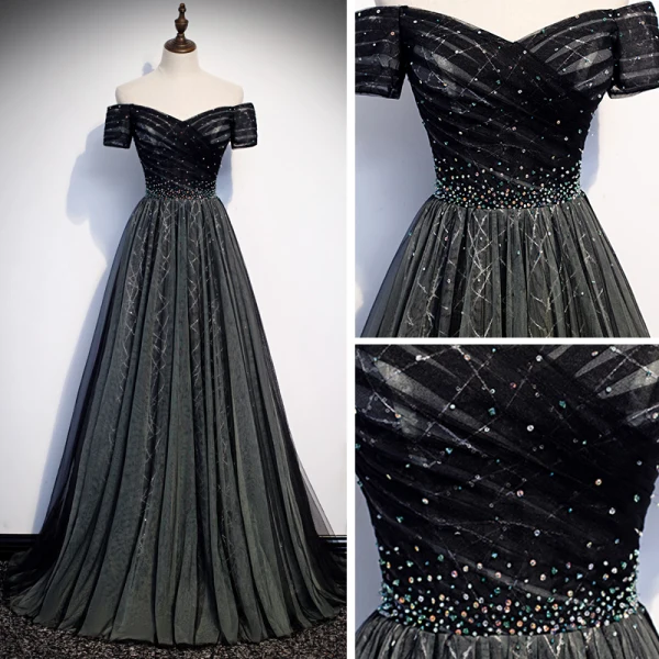 Mode Noire Robe De Soirée 2020 Princesse De l'épaule Manches Courtes Paillettes Perlage Train De Balayage Volants Dos Nu Robe De Ceremonie