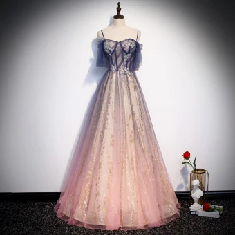Meilleur Bleu Marine Dégradé De Couleur Rose Bonbon Transparentes Robe De Soirée 2020 Princesse Bretelles Spaghetti Manches Courtes Glitter Tulle Perlage Longue Volants Dos Nu Robe De Ceremonie