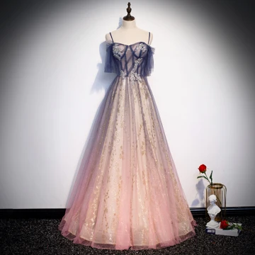 Best Navy Blue Gradient Color Candy Pink See Through Evening Dresses 2020 A Line Princess Spaghetti Straps Short Sleeve Glitter Tulle Beading Floor Length Long Ruffle Backless Formal Dresses