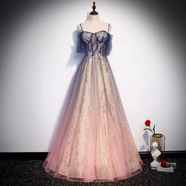 Best Navy Blue Gradient-Color Candy Pink See-through Evening Dresses 2020 A-Line Straps