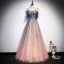 Best Navy Blue Gradient-Color Candy Pink See-through Evening Dresses  2020 A-Line / Princess Spaghetti Straps Short Sleeve Glitter Tulle Beading Floor-Length / Long Ruffle Backless Formal Dresses