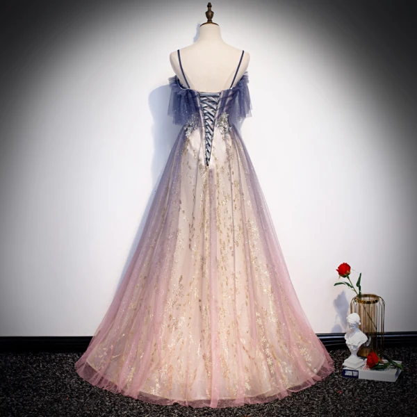 Best Navy Blue Gradient-Color Candy Pink See-through Evening Dresses 2020 A-Line / Princess Spaghetti Straps Short Sleeve Glitter Tulle Beading Floor-Length / Long Ruffle Backless Formal Dresses