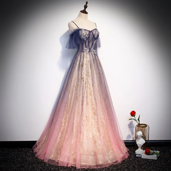 Best Navy Blue Gradient-Color Candy Pink See-through Evening Dresses 2020 A-Line / Princess Spaghetti Straps Short Sleeve Glitter Tulle Beading Floor-Length / Long Ruffle Backless Formal Dresses