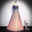 Best Navy Blue Gradient-Color Candy Pink See-through Evening Dresses  2020 A-Line / Princess Spaghetti Straps Short Sleeve Glitter Tulle Beading Floor-Length / Long Ruffle Backless Formal Dresses