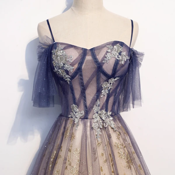 Best Navy Blue Gradient-Color Candy Pink See-through Evening Dresses 2020 A-Line / Princess Spaghetti Straps Short Sleeve Glitter Tulle Beading Floor-Length / Long Ruffle Backless Formal Dresses