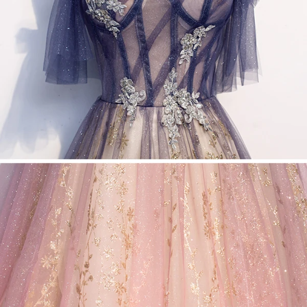 Best Navy Blue Gradient-Color Candy Pink See-through Evening Dresses 2020 A-Line / Princess Spaghetti Straps Short Sleeve Glitter Tulle Beading Floor-Length / Long Ruffle Backless Formal Dresses