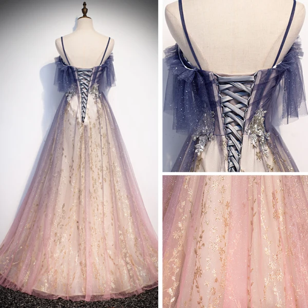Best Navy Blue Gradient-Color Candy Pink See-through Evening Dresses 2020 A-Line / Princess Spaghetti Straps Short Sleeve Glitter Tulle Beading Floor-Length / Long Ruffle Backless Formal Dresses