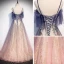 Best Navy Blue Gradient-Color Candy Pink See-through Evening Dresses  2020 A-Line / Princess Spaghetti Straps Short Sleeve Glitter Tulle Beading Floor-Length / Long Ruffle Backless Formal Dresses