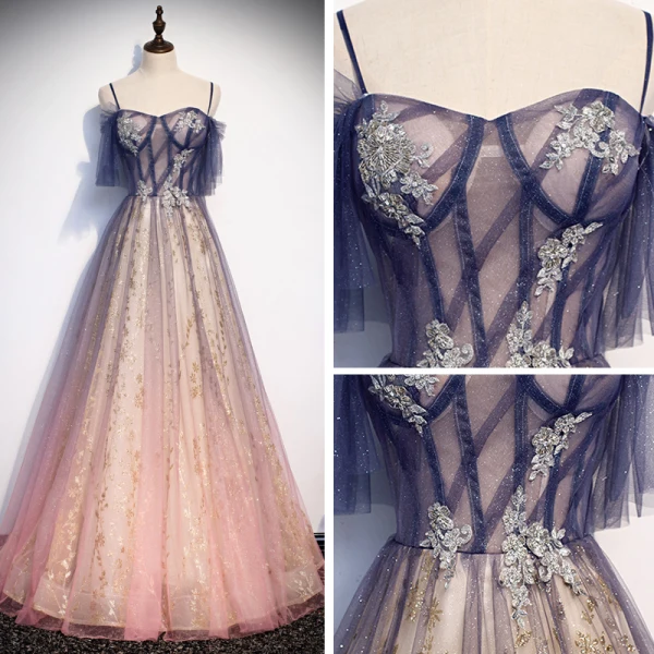 Best Navy Blue Gradient-Color Candy Pink See-through Evening Dresses 2020 A-Line / Princess Spaghetti Straps Short Sleeve Glitter Tulle Beading Floor-Length / Long Ruffle Backless Formal Dresses