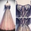 Best Navy Blue Gradient-Color Candy Pink See-through Evening Dresses  2020 A-Line / Princess Spaghetti Straps Short Sleeve Glitter Tulle Beading Floor-Length / Long Ruffle Backless Formal Dresses
