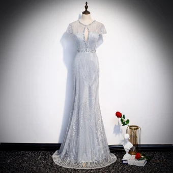 Meilleur Argenté Transparentes Robe De Soirée 2020 Trompette Sirène Encolure Dégagée Manches Courtes Appliques En Dentelle Perlage Longue Dos Nu Robe De Ceremonie