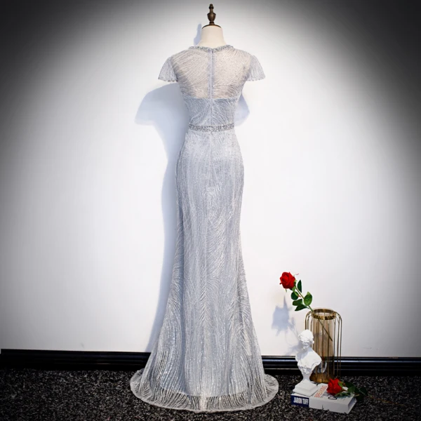 Best Silver See-through Evening Dresses 2020 Trumpet / Mermaid Scoop Neck Short Sleeve Appliques Lace Beading Floor-Length / Long Backless Formal Dresses