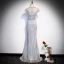 Best Silver See-through Evening Dresses  2020 Trumpet / Mermaid Scoop Neck Short Sleeve Appliques Lace Beading Floor-Length / Long Backless Formal Dresses