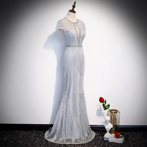 Best Silver See-through Evening Dresses 2020 Trumpet / Mermaid Scoop Neck Short Sleeve Appliques Lace Beading Floor-Length / Long Backless Formal Dresses