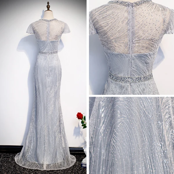 Best Silver See-through Evening Dresses 2020 Trumpet / Mermaid Scoop Neck Short Sleeve Appliques Lace Beading Floor-Length / Long Backless Formal Dresses