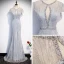 Best Silver See-through Evening Dresses  2020 Trumpet / Mermaid Scoop Neck Short Sleeve Appliques Lace Beading Floor-Length / Long Backless Formal Dresses