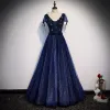 Best Navy Blue Evening Dresses  2020 A-Line / Princess V-Neck Short Sleeve Beading Glitter Tulle Floor-Length / Long Ruffle Backless Formal Dresses