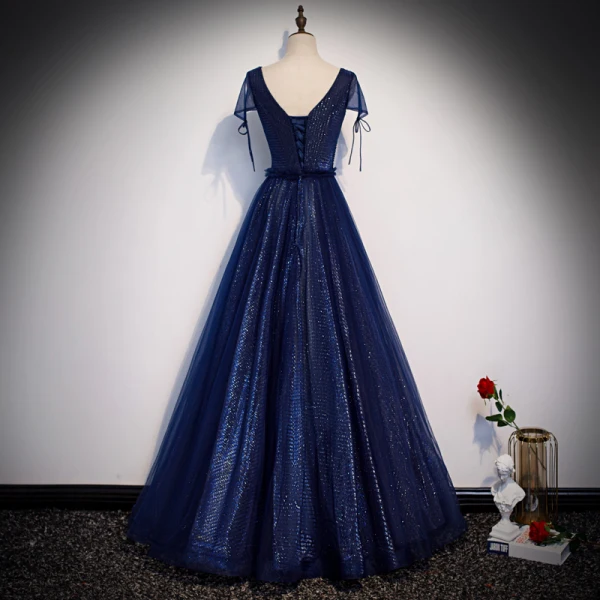 Best Navy Blue Evening Dresses 2020 A-Line / Princess V-Neck Short Sleeve Beading Glitter Tulle Floor-Length / Long Ruffle Backless Formal Dresses