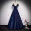 Best Navy Blue Evening Dresses  2020 A-Line / Princess V-Neck Short Sleeve Beading Glitter Tulle Floor-Length / Long Ruffle Backless Formal Dresses