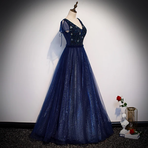 Best Navy Blue Evening Dresses 2020 A-Line / Princess V-Neck Short Sleeve Beading Glitter Tulle Floor-Length / Long Ruffle Backless Formal Dresses