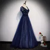 Best Navy Blue Evening Dresses  2020 A-Line / Princess V-Neck Short Sleeve Beading Glitter Tulle Floor-Length / Long Ruffle Backless Formal Dresses
