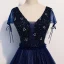 Best Navy Blue Evening Dresses  2020 A-Line / Princess V-Neck Short Sleeve Beading Glitter Tulle Floor-Length / Long Ruffle Backless Formal Dresses