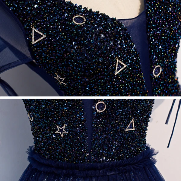 Best Navy Blue Evening Dresses 2020 A-Line / Princess V-Neck Short Sleeve Beading Glitter Tulle Floor-Length / Long Ruffle Backless Formal Dresses