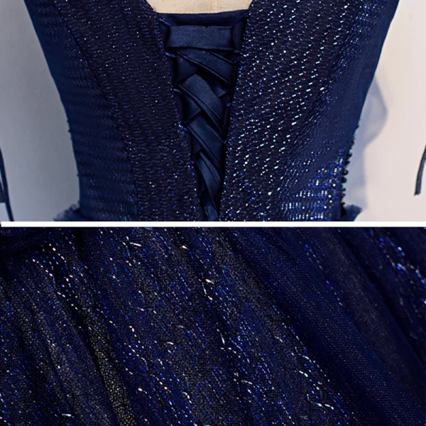 Best Navy Blue Evening Dresses 2020 A-Line / Princess V-Neck Short Sleeve Beading Glitter Tulle Floor-Length / Long Ruffle Backless Formal Dresses