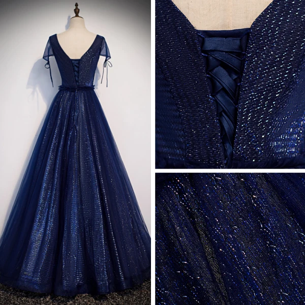 Best Navy Blue Evening Dresses 2020 A-Line / Princess V-Neck Short Sleeve Beading Glitter Tulle Floor-Length / Long Ruffle Backless Formal Dresses