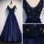 Best Navy Blue Evening Dresses  2020 A-Line / Princess V-Neck Short Sleeve Beading Glitter Tulle Floor-Length / Long Ruffle Backless Formal Dresses