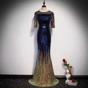 Sparkly Kongeblå Gradient Farge Gull Paljetter Selskapskjoler 2020 Trompet Havfrue Gjennomsiktig Scoop Halsen 1 2 Ermer Rhinestone Sash Lange Formelle Kjoler