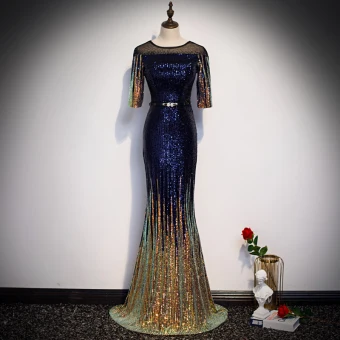 Scintillantes Bleu Roi Dégradé De Couleur Doré Paillettes Robe De Soirée 2020 Trompette Sirène Transparentes Encolure Dégagée 1 2 Manches Faux Diamant Ceinture Longue Robe De Ceremonie