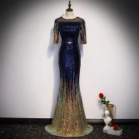 Sparkly Royal Blue Gradient-Color Gold Sequins Evening Dresses  2020 Trumpet / Mermaid See-through Scoop Neck 1/2 Sleeves Rhinestone Sash Floor-Length / Long Formal Dresses