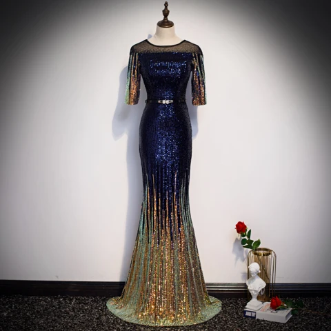 Sparkly Royal Blue Gradient-Color Gold Sequins Evening Dresses  2020 Trumpet / Mermaid See-through Scoop Neck 1/2 Sleeves Rhinestone Sash Floor-Length / Long Formal Dresses
