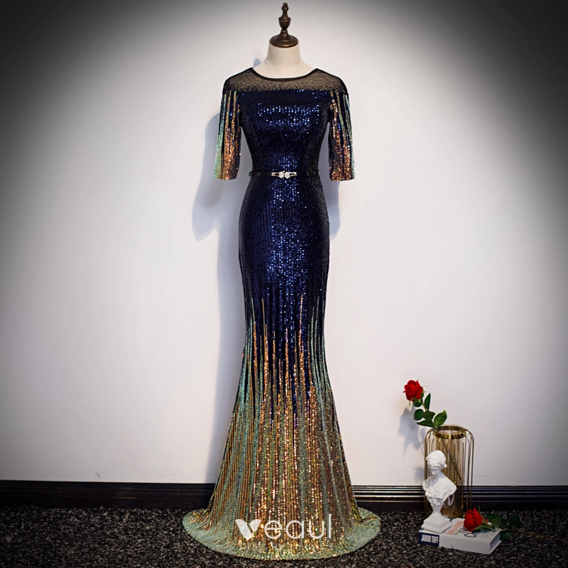 Sparkly Royal Blue Gradient-Color Gold Sequins Evening Dresses 2020 Trumpet Mermaid 1/2