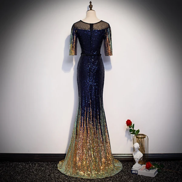 Sparkly Royal Blue Gradient-Color Gold Sequins Evening Dresses 2020 Trumpet / Mermaid See-through Scoop Neck 1/2 Sleeves Rhinestone Sash Floor-Length / Long Formal Dresses