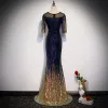 Błyszczące Królewski Niebieski Gradient-Kolorów Złote Cekiny Sukienki Wieczorowe 2020 Syrena / Rozkloszowane Przezroczyste Wycięciem 1/2 Rękawy Rhinestone Szarfa Długie Sukienki Wizytowe
