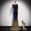 Sparkly Royal Blue Gradient-Color Gold Sequins Evening Dresses  2020 Trumpet / Mermaid See-through Scoop Neck 1/2 Sleeves Rhinestone Sash Floor-Length / Long Formal Dresses