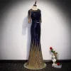 Błyszczące Królewski Niebieski Gradient-Kolorów Złote Cekiny Sukienki Wieczorowe 2020 Syrena / Rozkloszowane Przezroczyste Wycięciem 1/2 Rękawy Rhinestone Szarfa Długie Sukienki Wizytowe