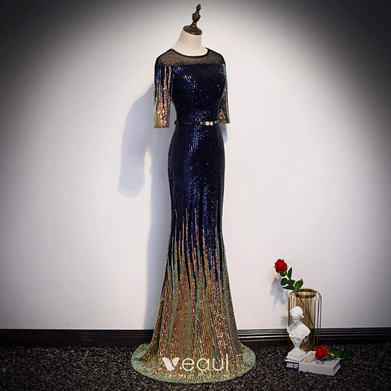 Sparkly Royal Blue Gradient-Color Gold Sequins Evening Dresses 2020 Trumpet Mermaid 1/2
