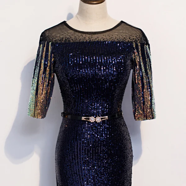 Sparkly Royal Blue Gradient-Color Gold Sequins Evening Dresses 2020 Trumpet / Mermaid See-through Scoop Neck 1/2 Sleeves Rhinestone Sash Floor-Length / Long Formal Dresses